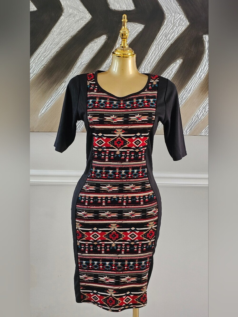 Annabelle Aztec Tribal Bodycon Midi Dress Black Red Stretch Women's Large